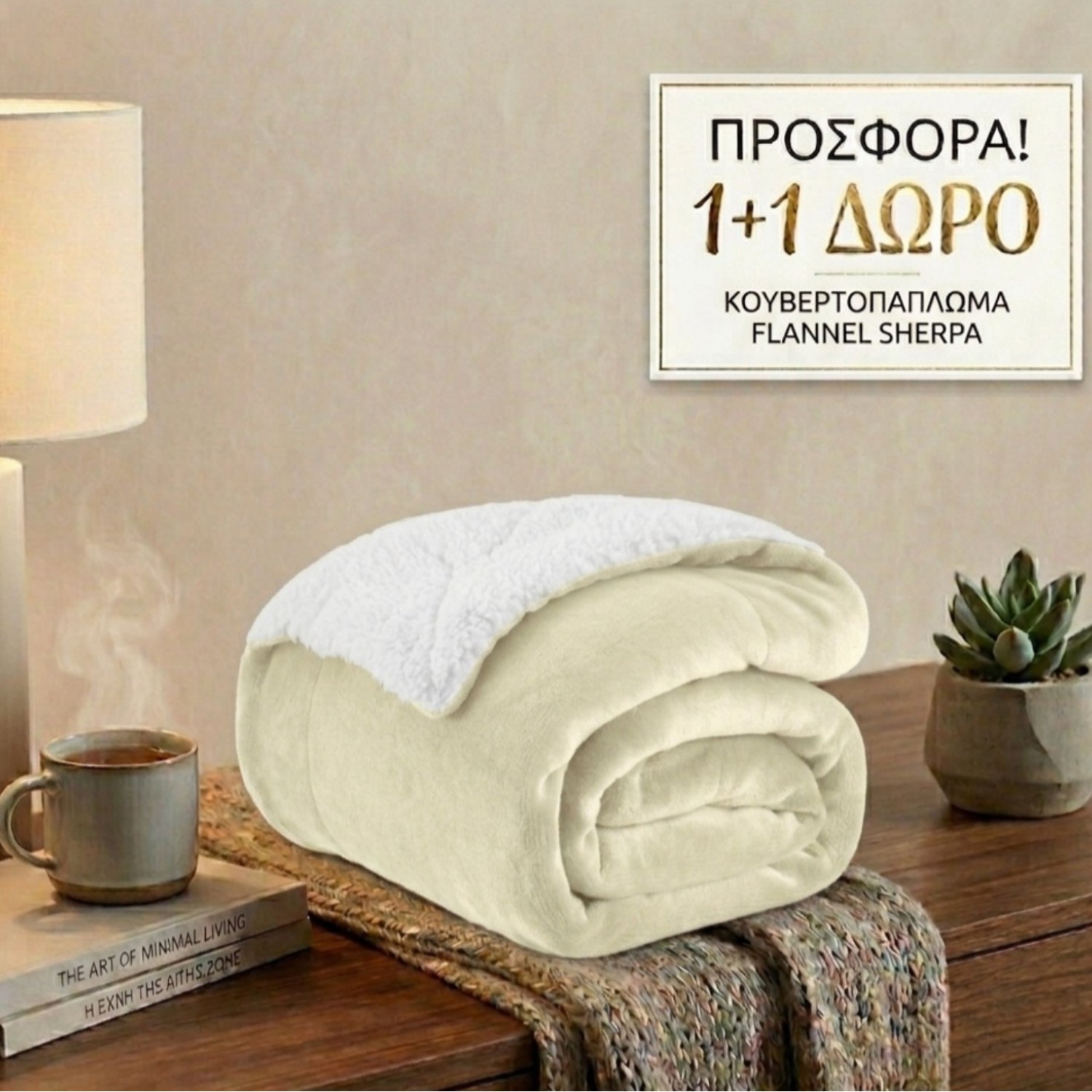 1+1 Κουβερτοπάπώμα Υπέρδιπλο Flannel Sherpa Προβατάκι 220X240 FLANNEL-1+1-Εκρού
