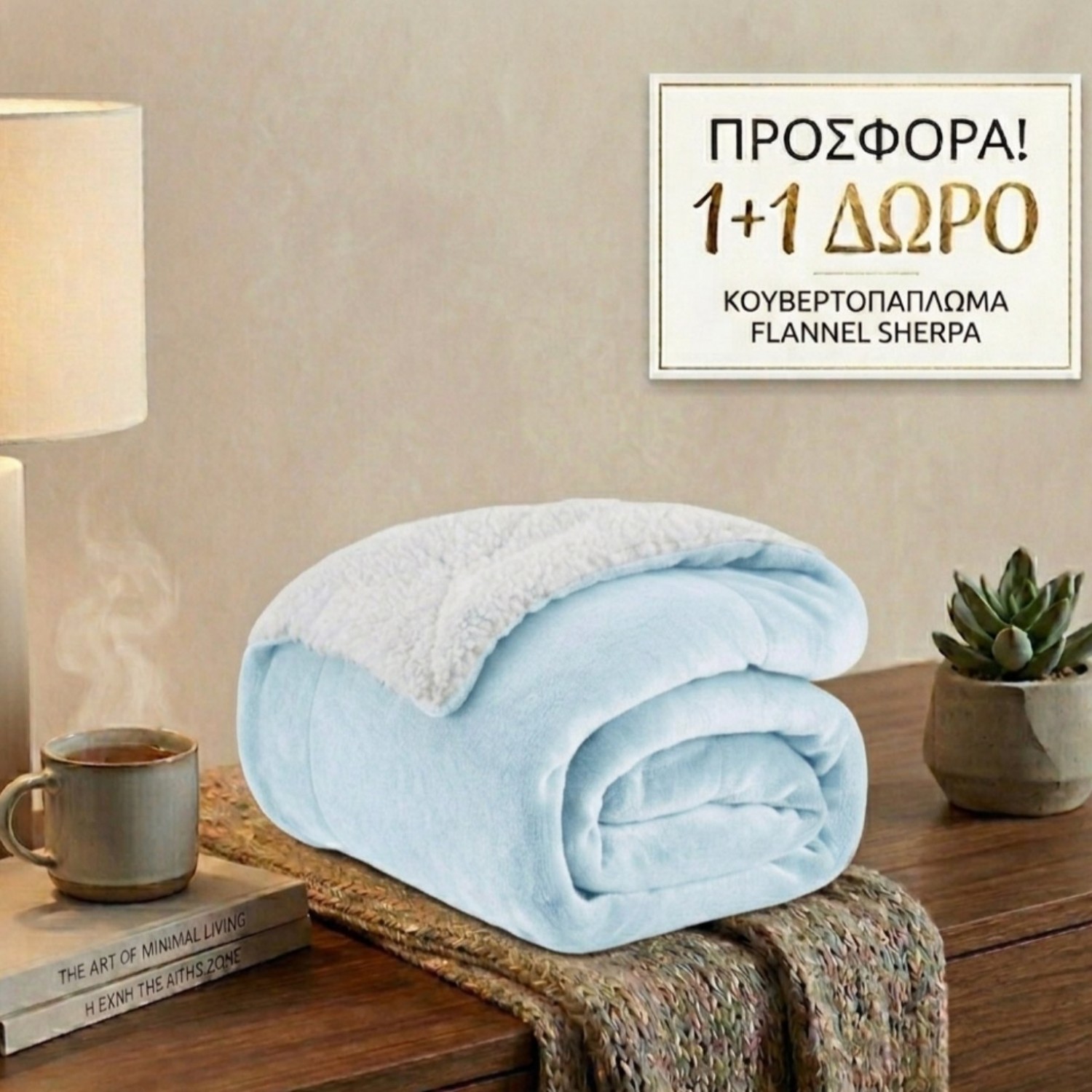 1+1 Κουβερτοπάπλωμα Υπέρδιπλο Flannel Sherpa Προβατάκι 220X240 FLANNEL-1+1-Γαλάζιο