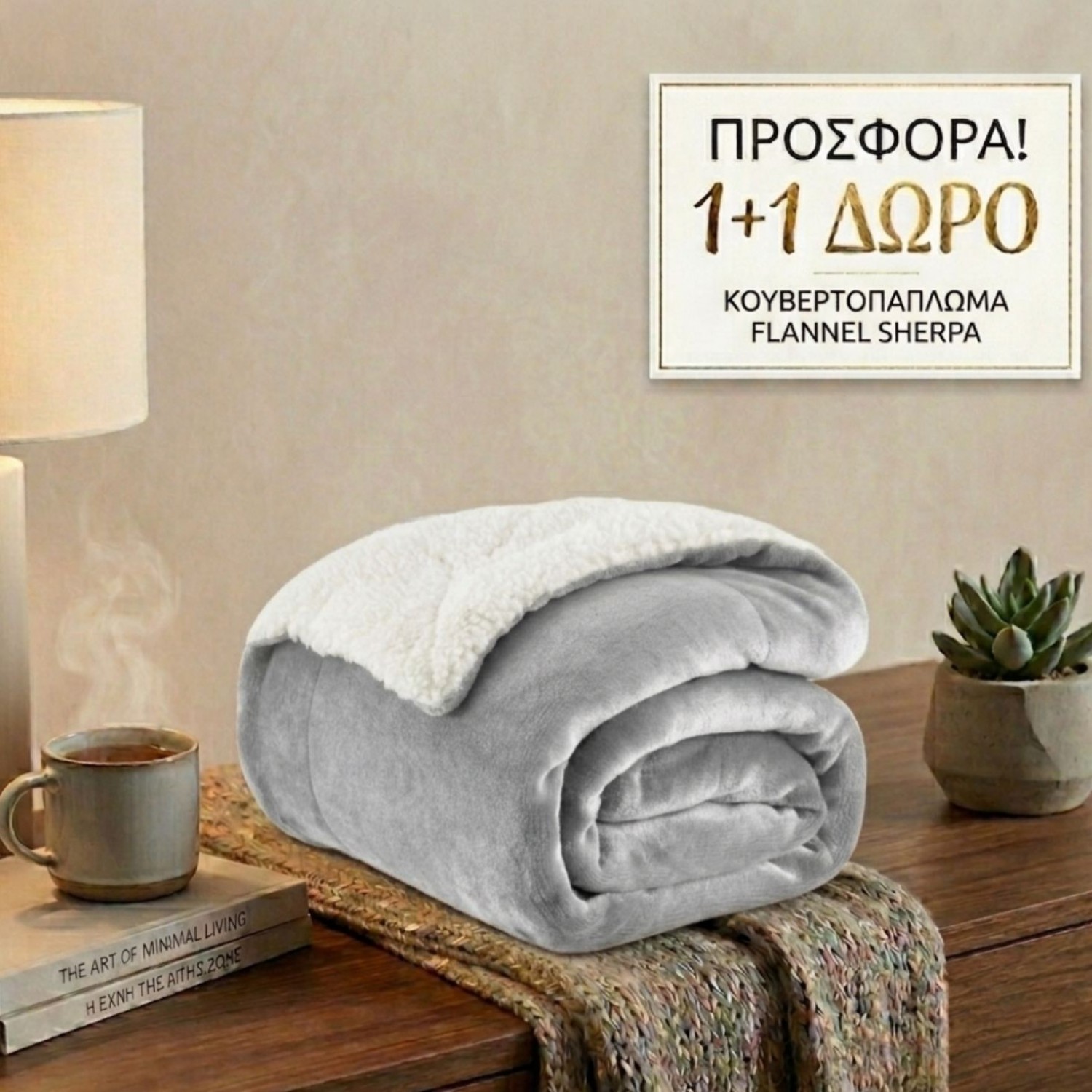 1+1 Κουβερτοπάπλωμα Υπέρδιπλο Flannel Sherpa Προβατάκι 220X240 FLANNEL-1+1-Γκρί
