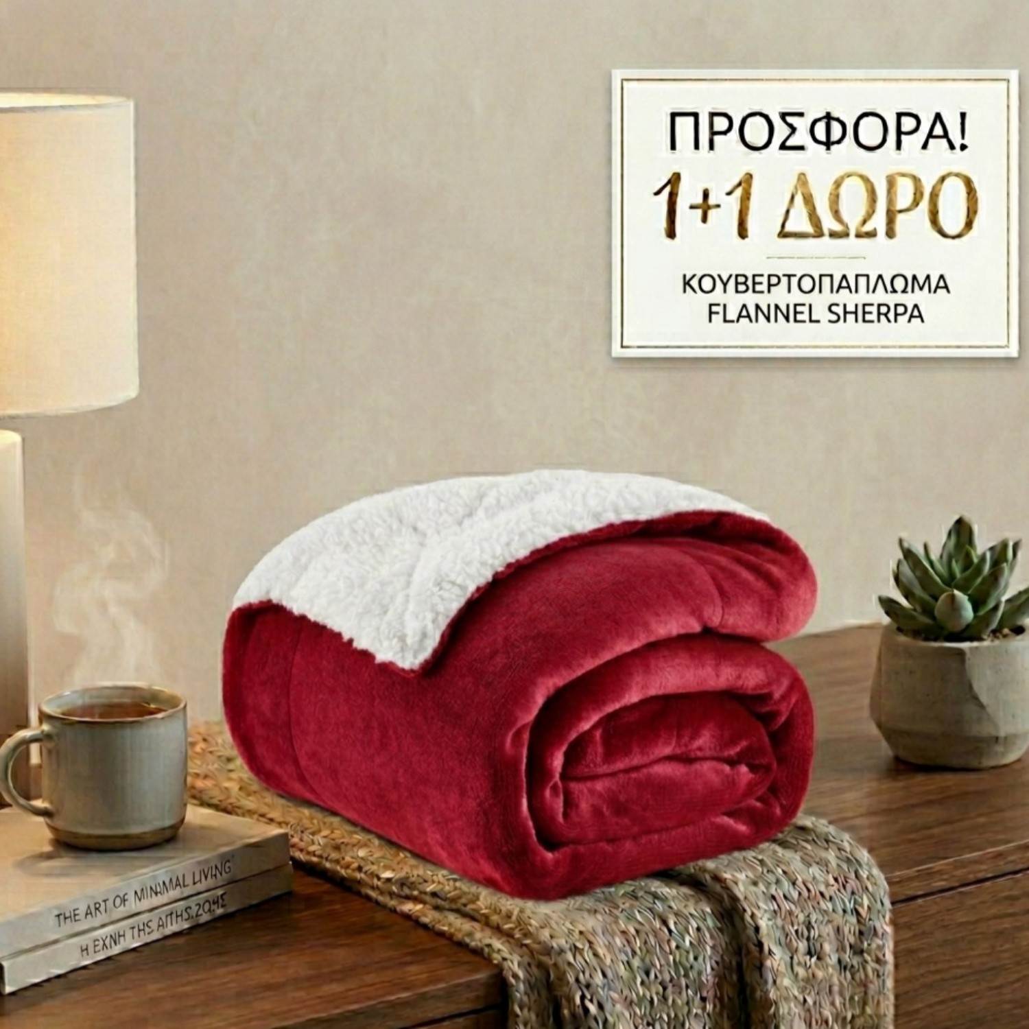 1+1 Κουβερτοπάπλωμα Υπέρδιπλο Flannel Sherpa Προβατάκι 220X240 FLANNEL-1+1-Κόκκινο