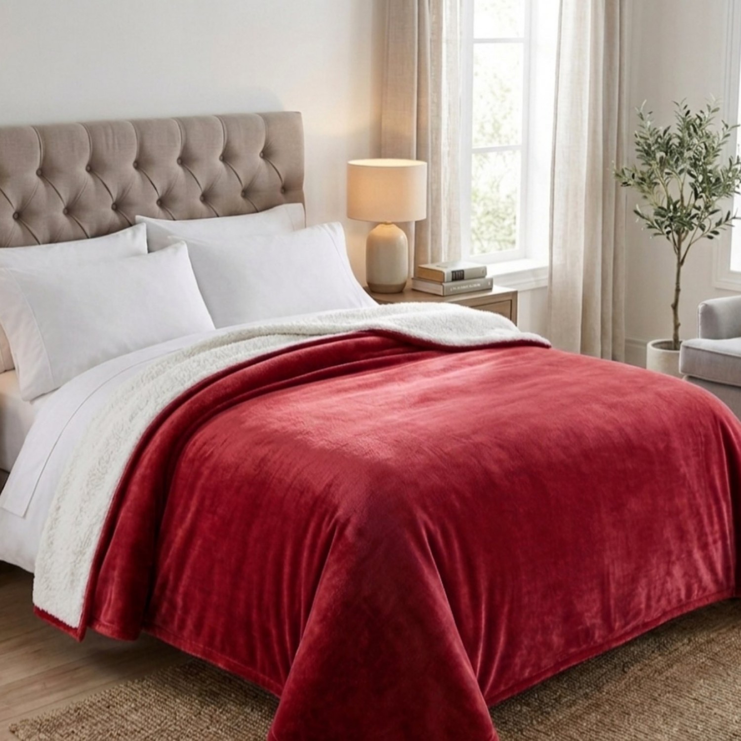 1+1 Κουβερτοπάπλωμα Υπέρδιπλο Flannel Sherpa Προβατάκι 220X240 FLANNEL-1+1-Κόκκινο