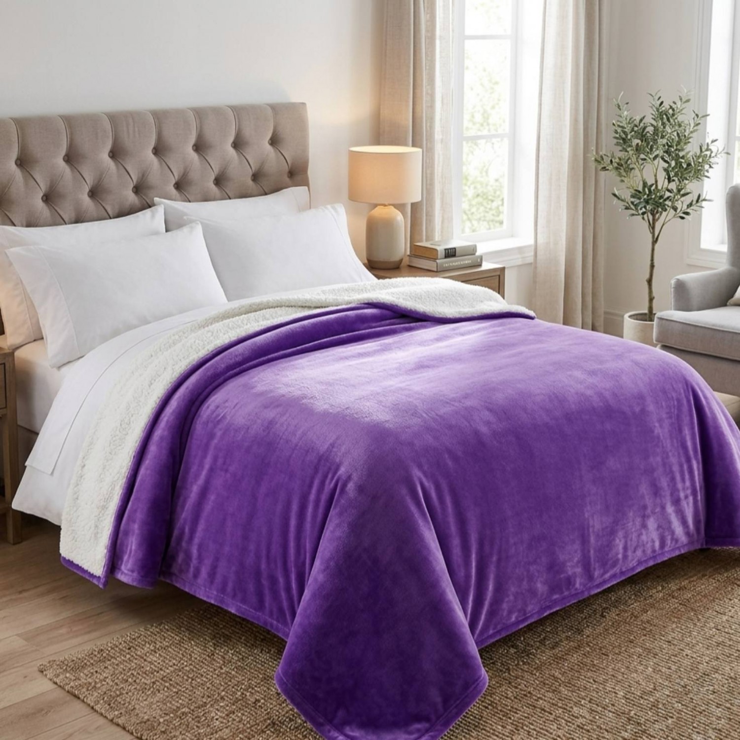 1+1 Κουβερτοπάπλωμα Υπέρδιπλο Flannel Sherpa Προβατάκι 220X240 FLANNEL-1+1-Μώβ