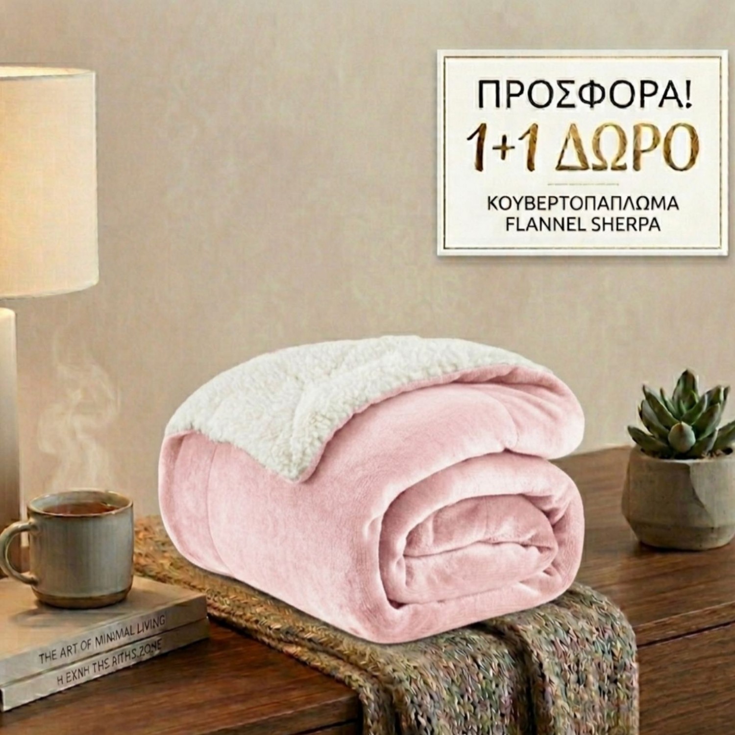 1+1 Κουβερτοπάπλωμα Υπέρδιπλο Flannel Sherpa Προβατάκι 220X240 FLANNEL-1+1-Ρόζ Ανοιχτό